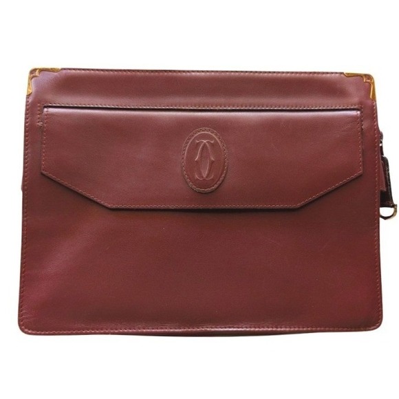 Cartier Handbags - Vintage Cartier Les Must de Cartier Burgundy Leather Clutch Bag Gold Corners
